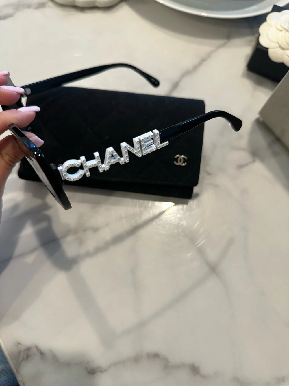 CHANEL Black Oversized Logo Cat-Eye Sunglasses with Quilted Case